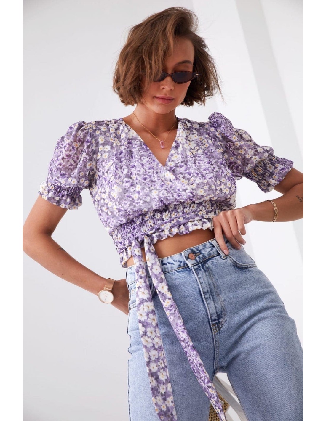 Short envelope blouse with flowers and a belt, purple and cream 02041 - Online store - Boutique